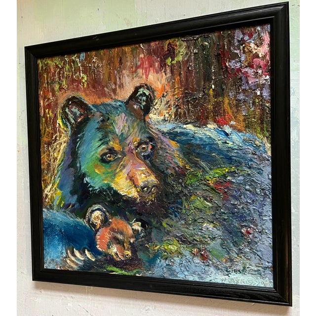 Navy Blue "Mama Bear", Black Bear and Cub, Oil Painting, Animal Art, by Van Ness For Sale - Image 8 of 10