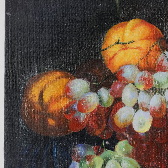 Black Vintage Dark Still Life Oil Painting of Grapes, Orange, and Shells For Sale - Image 8 of 12