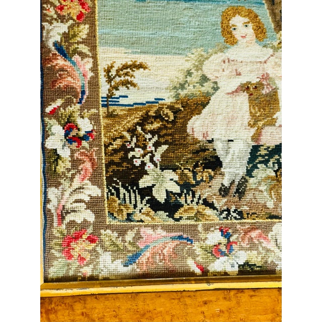 Brown Antique Birds Eye Maple Frame Child With Dog Needlepoint For Sale - Image 8 of 12