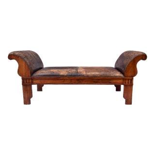 Vintage Leather Roll Arm Bench, Carved Oak Frame, Mission Style, Usa For Sale