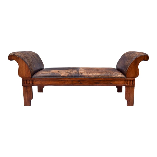 Vintage Leather Roll Arm Bench, Carved Oak Frame, Mission Style, Usa For Sale
