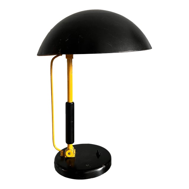 1930s Karl Träbert Designed Black and Yellow Dome Metal Desk Lamp, Vintage Bauhaus For Sale