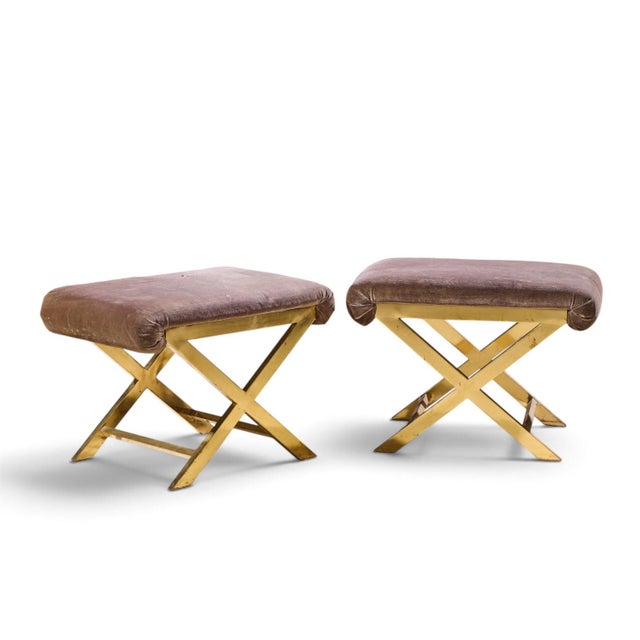 Warren Lloyd for Weiman Mid Century Brass X Base Stools - Pair Each stool measures: 25.5 wide x 17.25 deep x 18.75 high,...