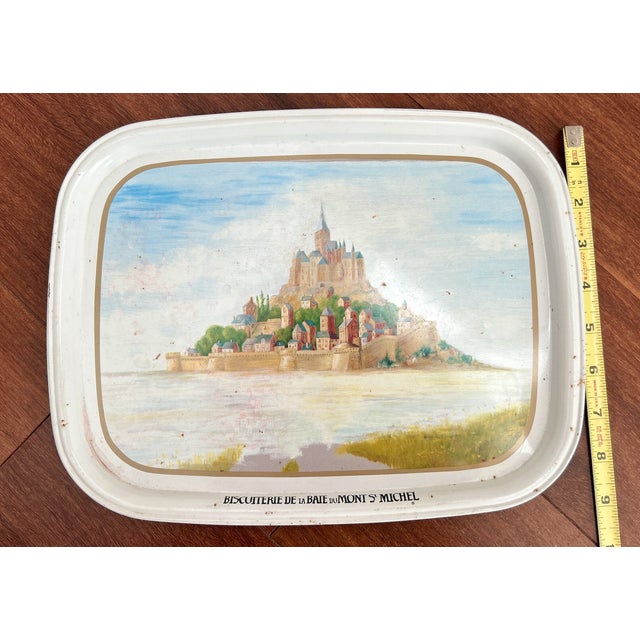 1980s Collectible Metal Serving Tray / French Advertising Tin La Biscuiterie De La Baie Du Mont Saint Michel For Sale - Image 4 of 16