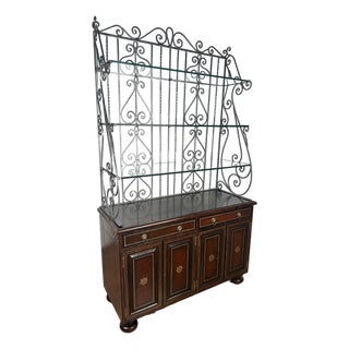 Maitland Smith Neoclassical Leather Wrapped Base Ornate Ironwork Baker’s Rack For Sale