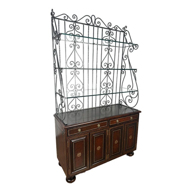 Maitland Smith Neoclassical Leather Wrapped Base Ornate Ironwork Baker’s Rack For Sale
