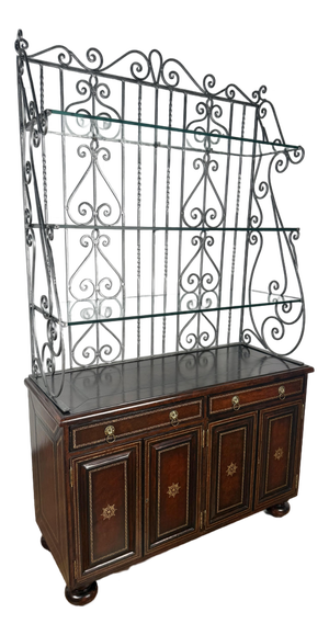 Maitland Smith Neoclassical Leather Wrapped Base Ornate Ironwork Baker’s Rack