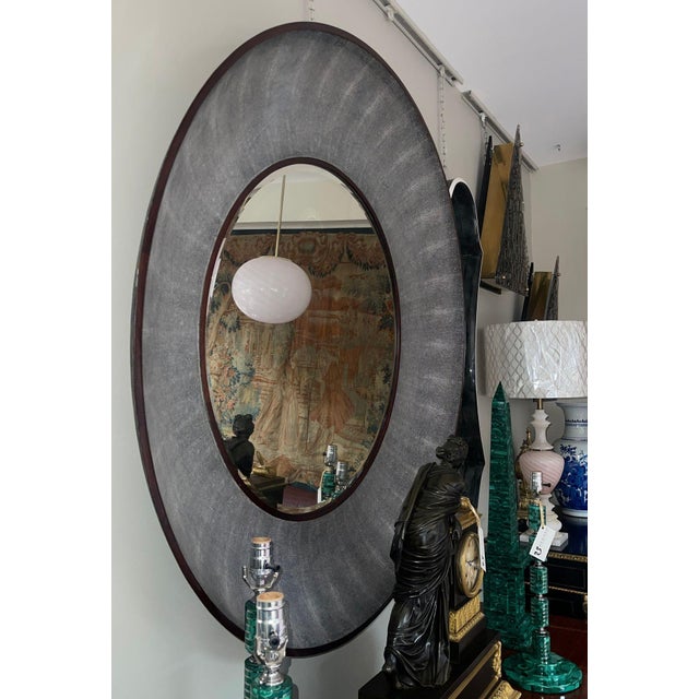 Animal Skin Italian Faux Shagreen & Walnut Concave Round Mirror, Late 20th Century. For Sale - Image 7 of 7