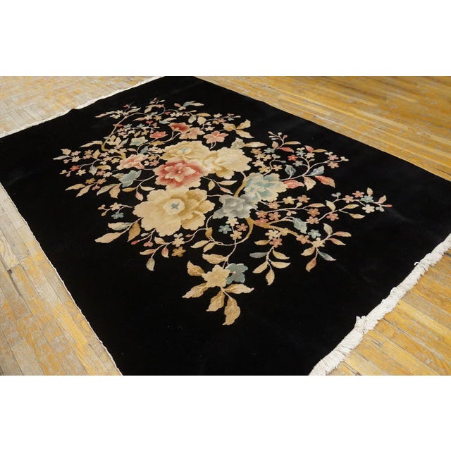 Chinese Art Deco Carpet by Nichols Workshop ( 5'9" x 8'6" - 175 x 260 ) Floral design with black background. Antique...