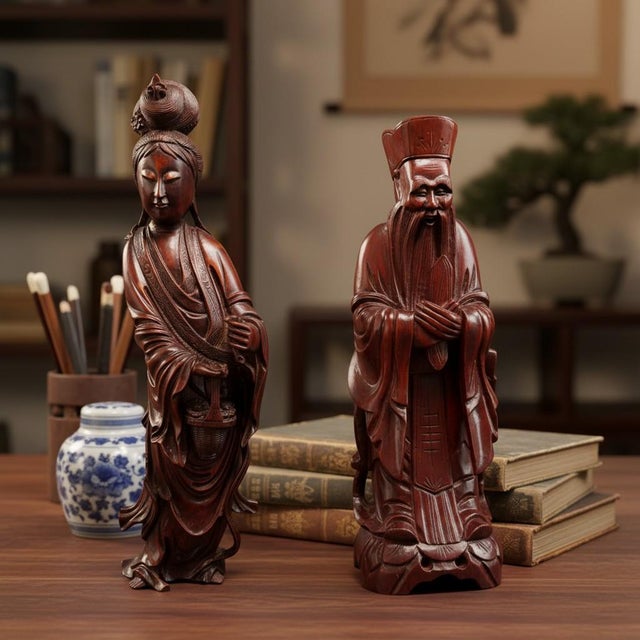 Late 20th Century Hand Carved Chinese Guanyin & Scholar Figures Pair-Rosewood-Asian-Sculpture-Kwan For Sale - Image 4 of 11