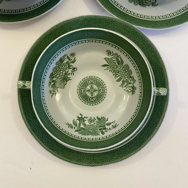 Spode 1950s Spode Fitzhugh Green Cream Soup & Saucer - Set of 4 For Sale - Image 4 of 12