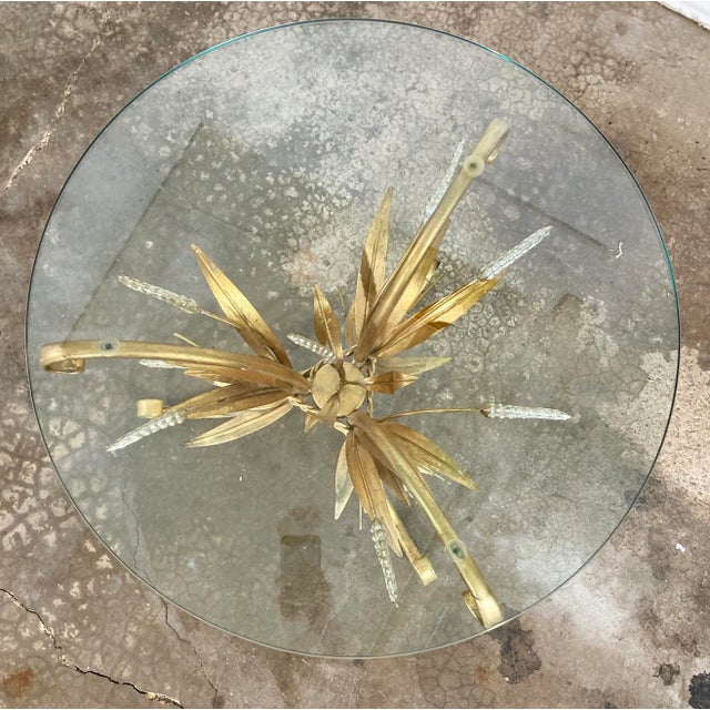 Metal Vintage Gilt Sheaf of Wheat Side Tables With Round Glass Tops, a Pair For Sale - Image 7 of 9
