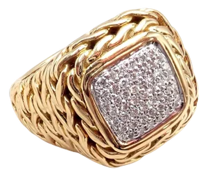 1990s John Hardy Yellow Gold Diamond Square Signet Signature Ring, Size 7