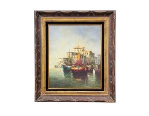 1960s Eleonore Guinther Oil on Canvas Harbor Scene