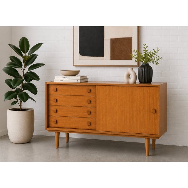 Mid-Century Modern Mid Century Modern Danish Teak Sideboard by Domino Møbler | Vintage Credenza Cabinet | Scandinavian Modern Storage Console, C. 1960’s For Sale - Image 3 of 14