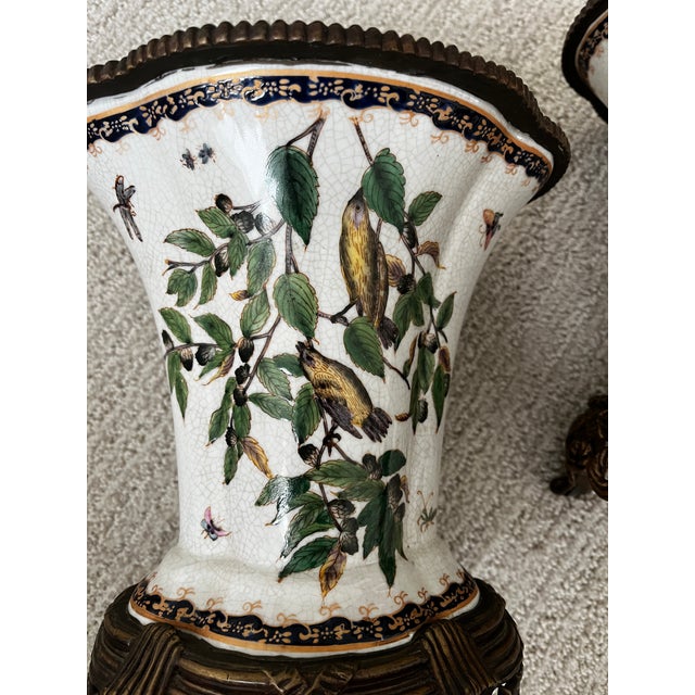 Pair of Fine Porcelain and Bronze Vases With Bird and Insect Motiff For Sale - Image 4 of 9