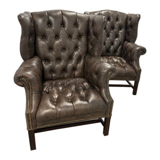 Tufted Brown Leather Chairs - a Pair For Sale