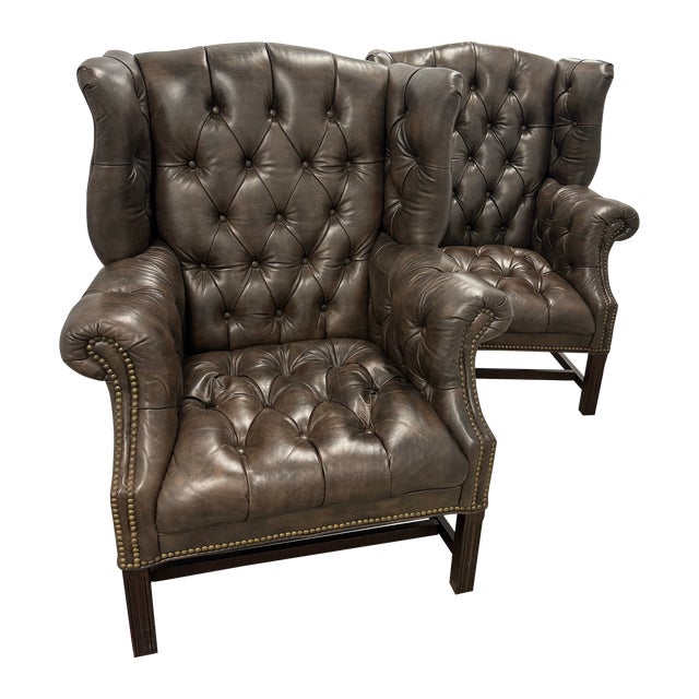 Tufted Brown Leather Chairs - a Pair For Sale