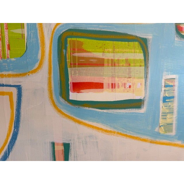 Textile Large Contemporary Abstract Acrylic Painting – Sky Blue & Coral Geometric Grid For Sale - Image 7 of 10