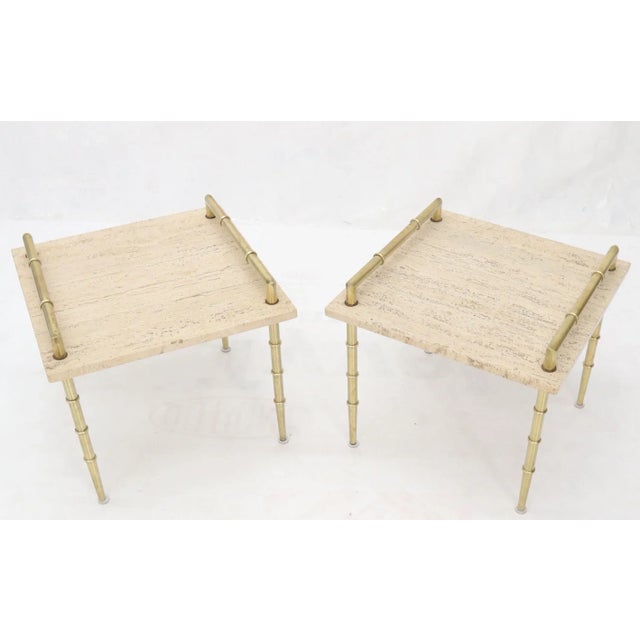Mid-Century Modern Pair of Solid Brass Faux Bamboo Tapered Legs Gallery Travertine Top Side Tables For Sale - Image 3 of 13
