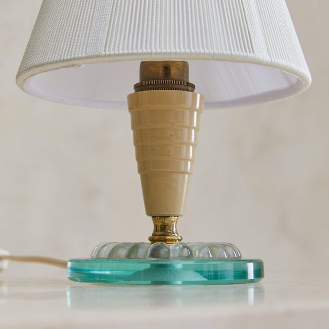 Italian Ivory Lacquered Metal + Glass Table Lamp with String Shade, 1950s For Sale - Image 4 of 7