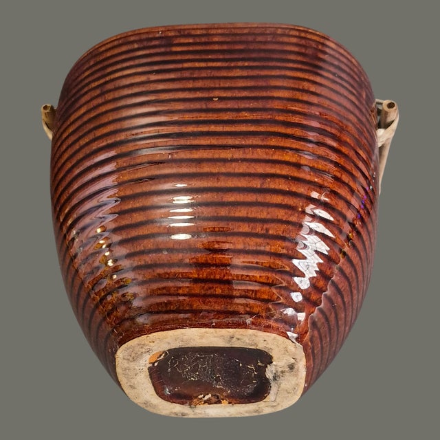 Vintage Asian Glazed Pottery Bamboo Handle Jardinière Planter For Sale - Image 4 of 6