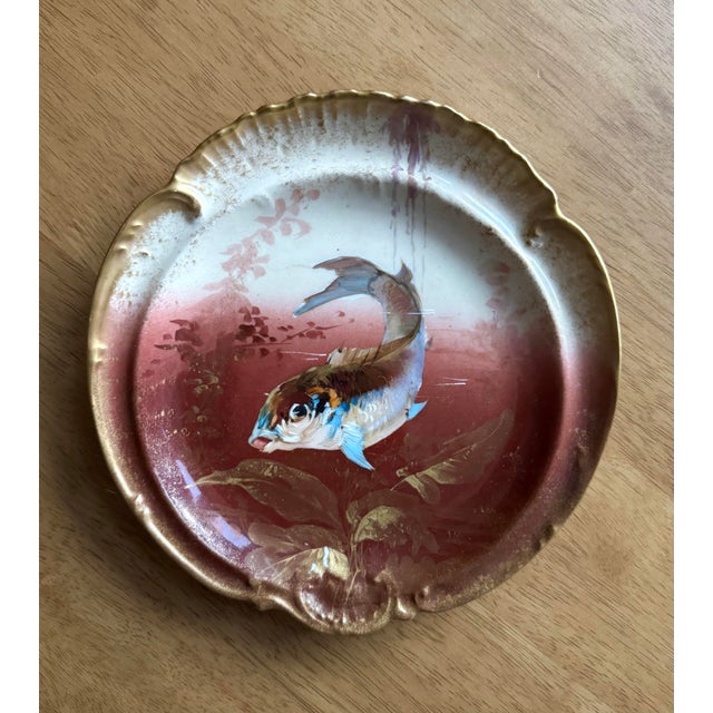 Limoges, France 1950s Limoges French Hand-Painted Fish Plate 6 Pc Set With Gravy Sauce Boat, For Sale - Image 4 of 12