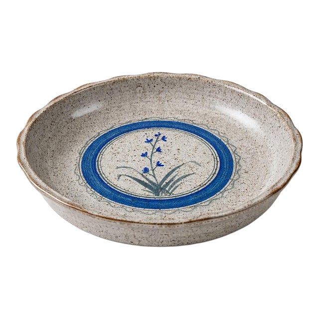 Late 20th Century Handmade Studio Pottery Pie Dish With Cobalt Floral Motif For Sale