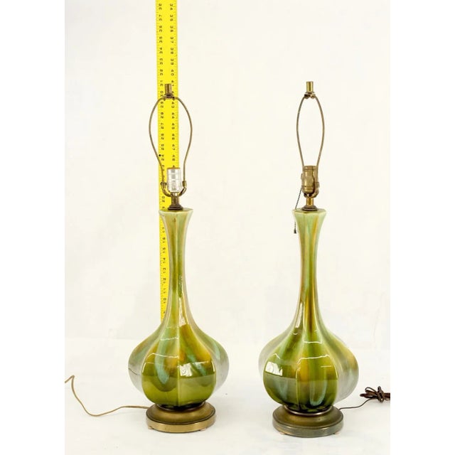 Mid-Century Modern Pair Mid Century Onion Shape Glazed Green Yellow Blue Lava Pattern Table Lamps For Sale - Image 3 of 11