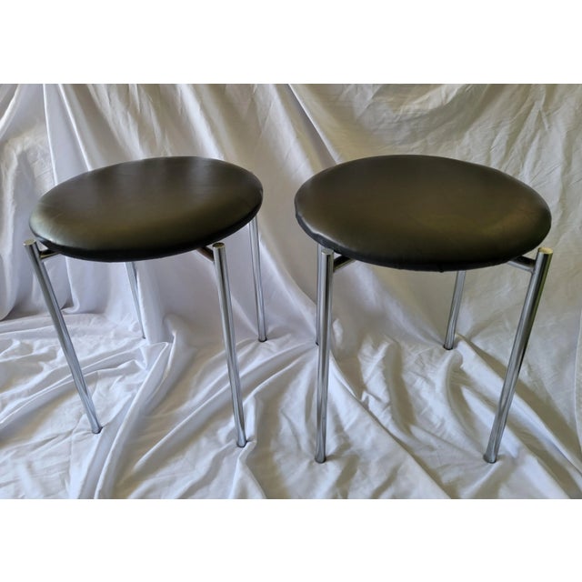 Mid 20th Century Vintage Bauhaus Vinyl/Chrome Stacking Cushioned Stools - a Pair For Sale - Image 12 of 12