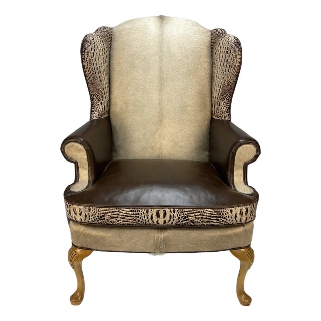 1970s Custom Wingback Chair in Brazilian Champagne Hair-on-Hide & Italian Espresso Leather – Crocodile Embossed Accents For Sale