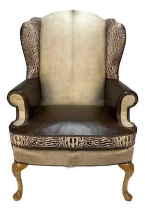 1970s Custom Wingback Chair in Brazilian Champagne Hair-on-Hide & Italian Espresso Leather – Crocodile Embossed Accents