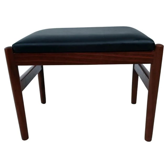 Fully Restored Danish Teak Footstool Reupholstered in Black Leather, 1960s For Sale - Image 6 of 6