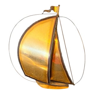 Vintage Metal Sailboat Sculpture on Stone Base, Brass Tone Nautical Decor, Mid Century Style Coastal Desk Art For Sale