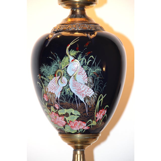 Mid-Century Modern Cobalt Blue Ceramic and Brass Buffet Lamps with Satin Glass Shades, 1960s, Set of 2 For Sale - Image 3 of 12