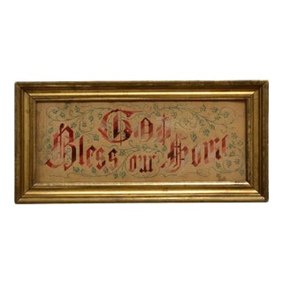 Antique 1920s Needlepoint "God Bless Our Home" in Original Gold Frame For Sale