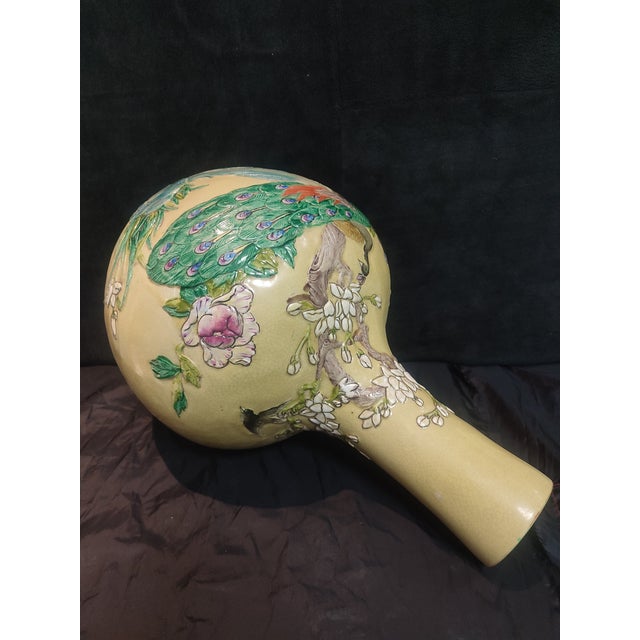 Ceramic Chinese Ceramic Vase Qing Dynasty Qianlong Marked Yellow Ground Famille Rose Porcelain Tianqiu Vase Hand Carved Peacocks Pattern For Sale - Image 7 of 10