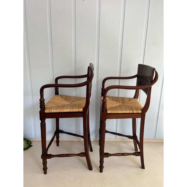 1990s 1990s Pair of Mahogany Counter Stools-Woven Rush Seat-Ornate Carving Back-High Quality Special Armchairs For Sale - Image 5 of 11