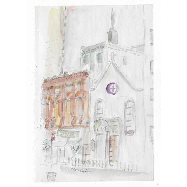 Watercolor by New York artist Myriam Cahn (1933-2018) of a NYC street, probably Greenwich Village. Salmagundi Club named...