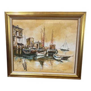 1970s Modern American Seascape Impressionist Style Oil on Canvas Titled Boats in the Harbour Framed Signed For Sale