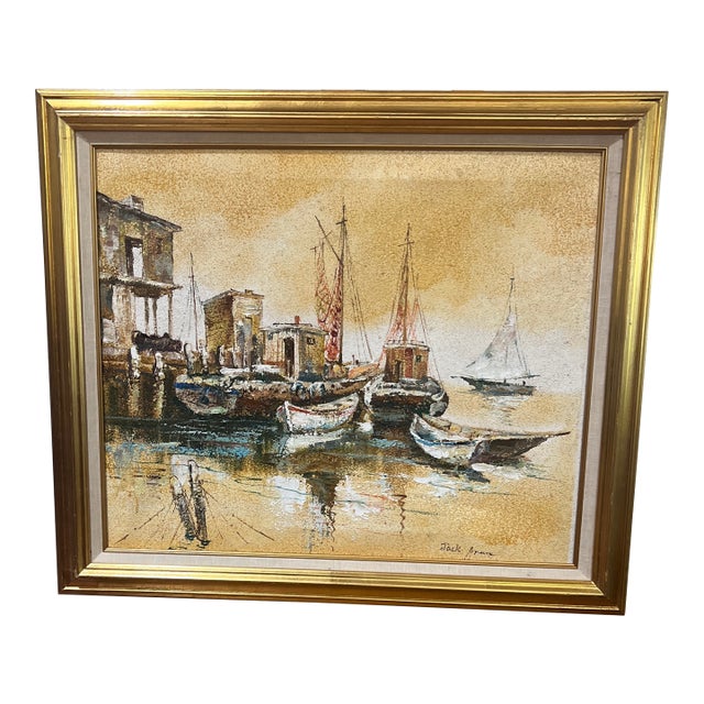 1970s Modern American Seascape Impressionist Style Oil on Canvas Titled Boats in the Harbour Framed Signed For Sale