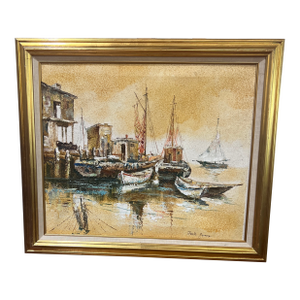 1970s Modern American Seascape Impressionist Style Oil on Canvas Titled Boats in the Harbour Framed Signed
