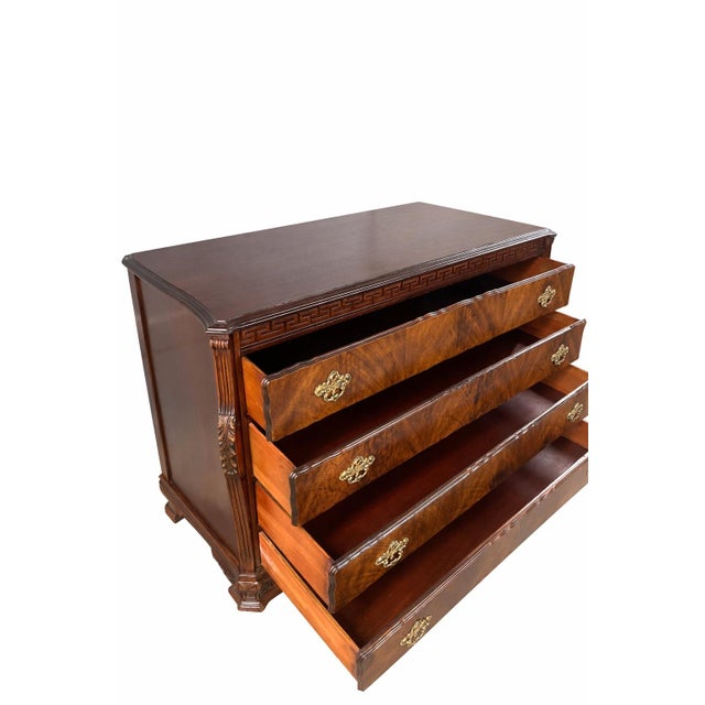 Brown 1940s Georgian Revival Flame Mahogany Dresser With Greek Key Frieze & Original Brass Hardware For Sale - Image 8 of 11