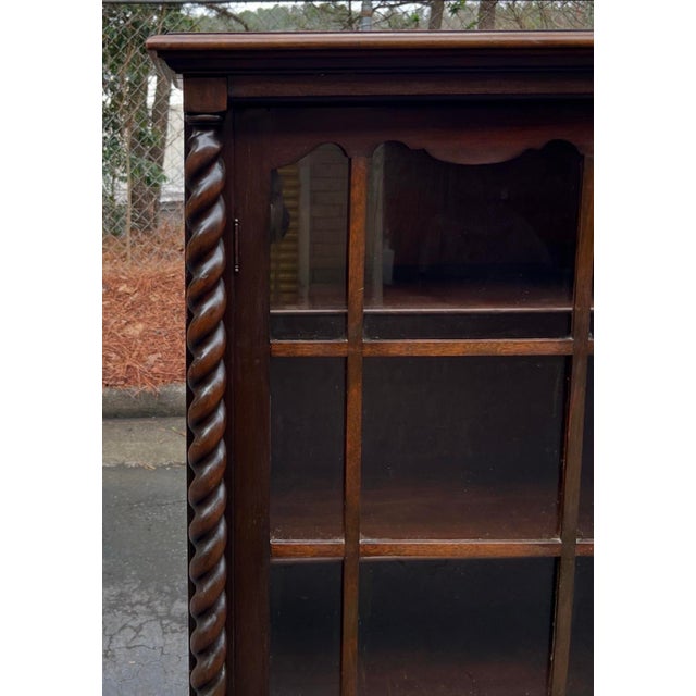 Early 20th Century Antique American Victorian Era Carved Mahogany Barley Twist Bookcase Cabinet For Sale - Image 5 of 7