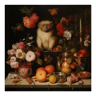 30' X 30' Collector Fine Art Print 'Still Life With Fruits, 'Flowers and Monkey', Unframed For Sale