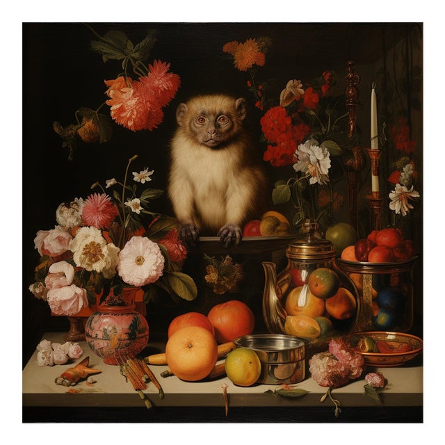 30' X 30' Collector Fine Art Print 'Still Life With Fruits, 'Flowers and Monkey', Unframed For Sale
