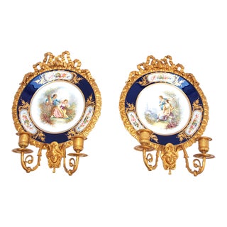 Pair of Antique Hand Painted Cabinet Plates Mounted as Wall Sconces For Sale