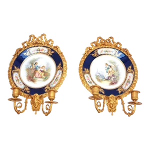 Pair of Antique Hand Painted Cabinet Plates Mounted as Wall Sconces