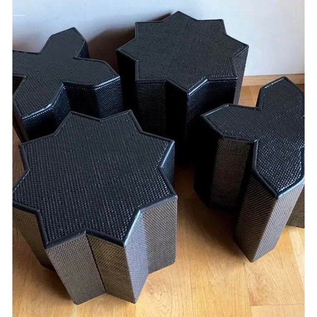 Extremely scarce complete set of four vintage 1970s Vivai Del Sud woven cane & rattan tables. These can be used separately...