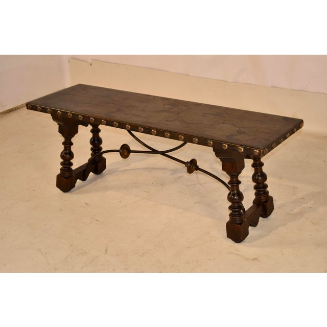 Spanish Revival Early 20th Century Walnut Bench With a Hand Painted Top For Sale - Image 3 of 7